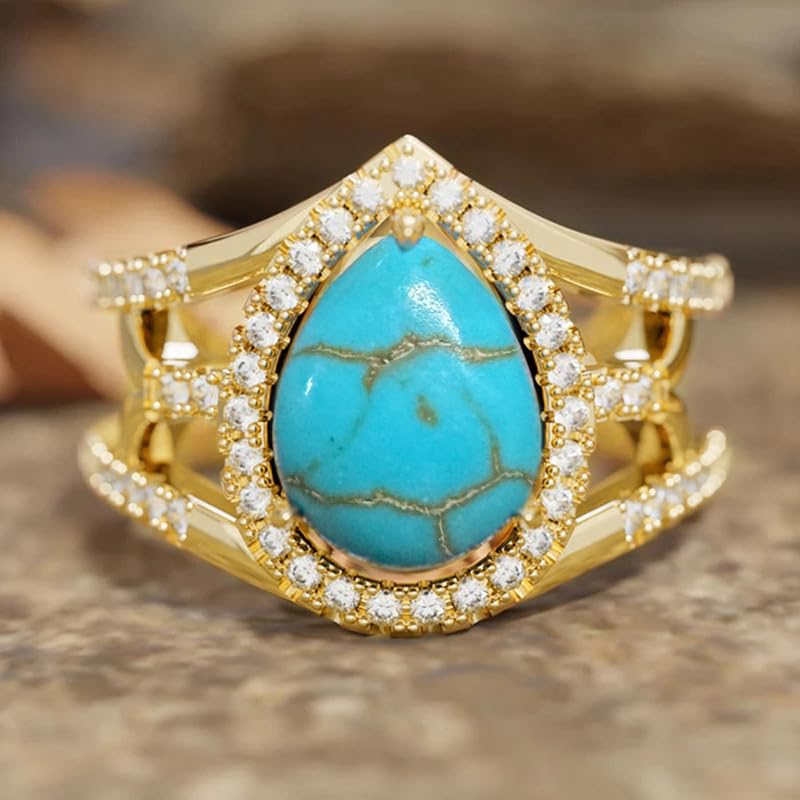 Hsitgexf Water Drop Pear Shaped 14k Gold Plated Blue Turquoise CZ Ring,Retro Boho Chic Jewelry Statement Birthstone Ring Anniversary Wedding Rings for Women Size 6-10（7） - size: US Size 7
