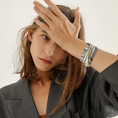 Leather Wrap Bracelet Set 3Pack Wrist Cuff Bracelet for Women Multilayer Magnetic Clasp Bracelet Feather Tree Bead Crystal Bracelet - color: Crystal Tassel
