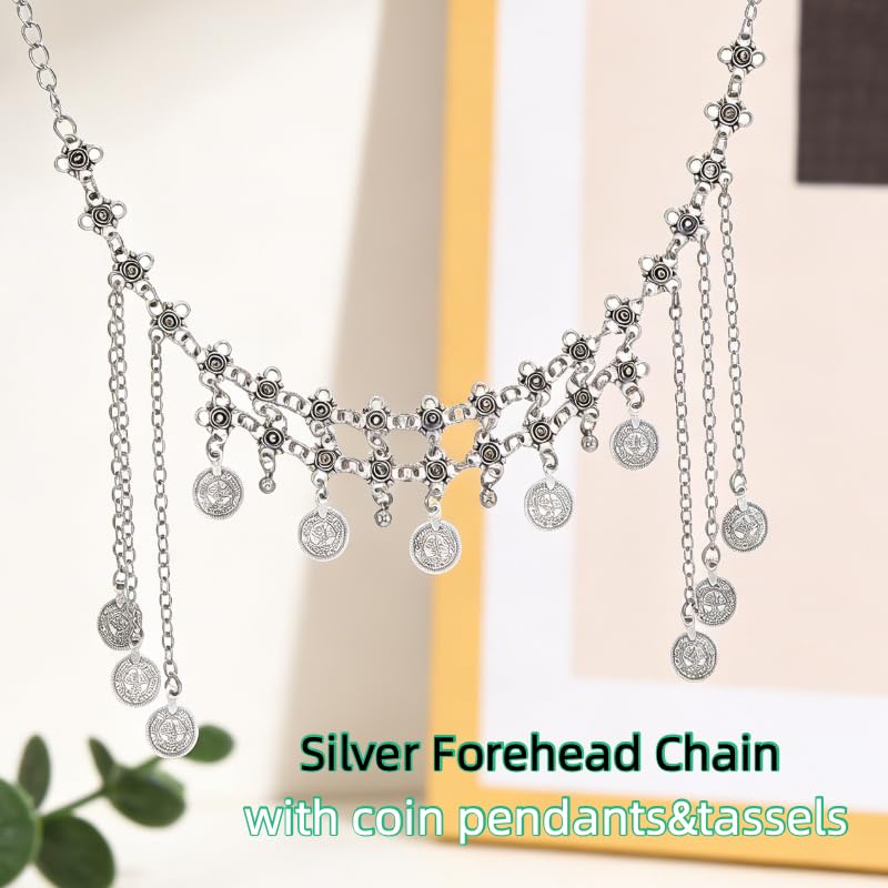 Silver Coin Tassel Head Chain - Ethnic Fringe Forehead Chain Necklace Versatile Jewelry for Women, Tribal Gypsy Belly Dance Headpiece for Festivals, Parties & Everyday Wear