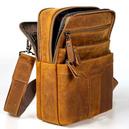 Leather Messenger Bag for Men, Small Leather Sling Shoulder Bag Messenger Pack for Men, Man Purse - color: Yellowish Brown
