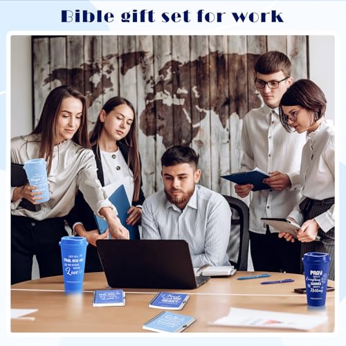 Skylety 12 Set/ 48 Pcs Christian Gifts for Women Men Religious Gift Set 16 oz Bible Scripture Cups with Lids Mini Spiral Notebooks Pens Keychains for Mother Father Birthday(Blue Gradient) - color: Blue Gradient