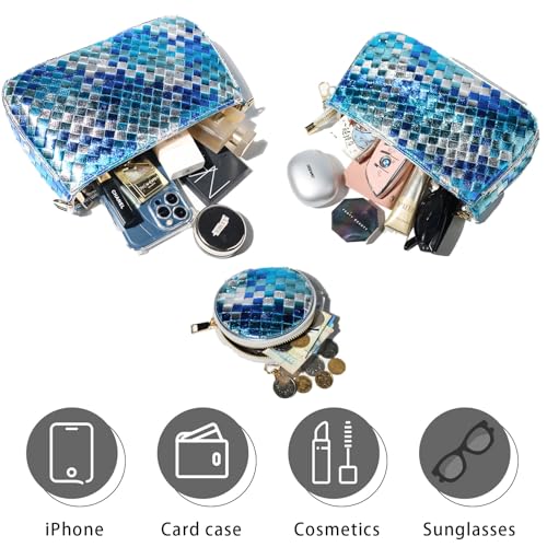 Handmade Woven Small Crossbody Bag for Women with Coin Purse, Designer Shoulder Handbag 3pcs Set, Mini Tote Clutch - color: Navy Multicolor