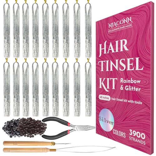 NIACONN Glitter Hair Tinsel Extensions Kit Silver with Tools and Beads, 48 Inch Sparkly Fairy Colorful Tensile Strands Shiny Hair Accessories for Women Girls Kids - color: Silver