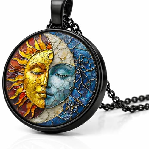1pc Stunning Round Pendant Necklace - Unique Sun & Moon Pattern, Oil Painting Style Glass Mosaic, Alloy Construction, Trendy Sweater Chain, Fashionable Gift for Women - Christmas or Birthday Gift - color: Black Chain