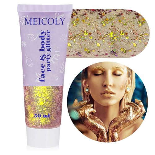 MEICOLY Chameleon Gold Body Glitter,Mardi Gras Outfit for Women,Color Changing Face Glitter,Self-Adhesive Chunky Hair Glitter Face Paint,Holographic Glitter for Festival Party Costume Makeup - color: chameleon gold body glitter