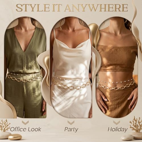 Florideco Waist Chain Belt for Women, Layered Belly Chain, Waterproof Boho Pearl Concho Cuban Body Chain, Adjustable Summer Beach Coachella Fashion Jewelry for Jeans Dresses - style: Gold Plated-Pearl Chain