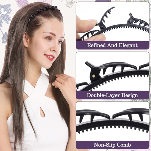 2 Pcs Headband Each with 8 Clips, 90s Butterfly Hair Clips Headband for Women with Teeth, Braided Weave Bangs Clip Non-Slip Hair Bands Accessories for DIY styling Decoration- Black, Brown - color: 1 pcs black, 1 pcs brown(plastic)
