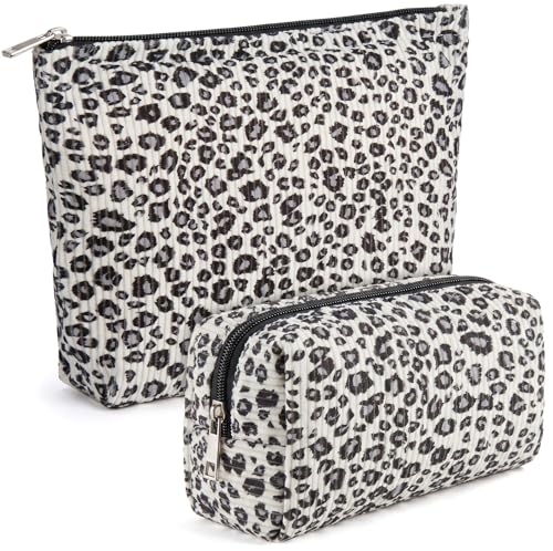 Aliceset 2 Pcs Leopard Makeup Bag Cosmetic Pouch Set Large Travel Toiletry Bag Aesthetic Cotton Zipper Organizer for Women Gift Beauty Essentials(Black Leopard)