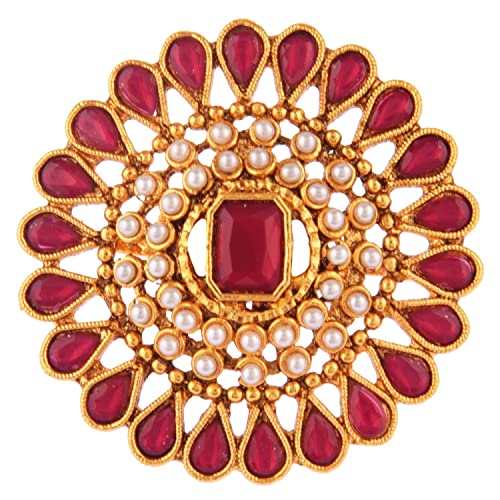 Efulgenz Indian Jewelry Rings for Women Antique Round Faux Pearl Crystal Bollywood Adjustable Big Finger Ring Fashion Party Statement Jewelry for Women - color: Dark Pink