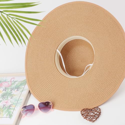 DRESHOW Beach Hats for Women Big Straw Wide Brim Summer Hat Floppy Foldable Roll up Cap Sun Hat UPF 50+ - color: Khaki (Black Band) /Normal Edge