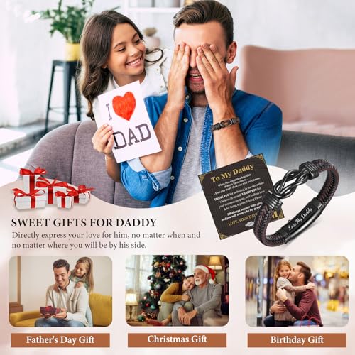 MEALGUET Men's Bracelets Gifts for Men - Brown Braided Leather Infinity Knot Bracelets Engraved Love Massage for Son Man Husband Boyfriend, Mens Bracelet Jewelry Gift for Birthday Valentine's - style: to my daddy from daughter