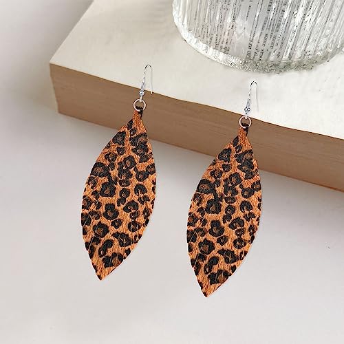 Large Genuine Soft leaf Leather Handmade Fringe Tassel Feather Lightweight Tear Drop Dangle Color Earrings for Women - color: Leopard