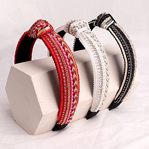 TOBATOBA Knotted Headbands for Women Sequins Pearl Headband Top Knot Head band Turban Boho Head bands for Women Beaded Wide Hairband Fashion Elegant Ladies Hair Band 3 Pack (Black, White, Red) - color: Color 3