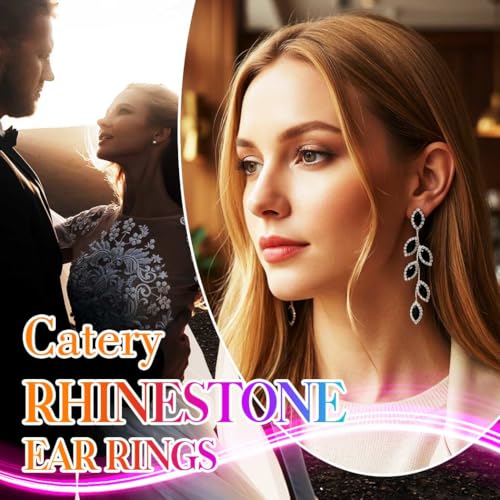 Catery Crystal Wedding Earrings Rhinestones Dangling Earrings Leaf Bridal Ear Jewelry for Brides and Women - color: Black