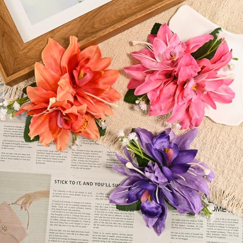 3 PCS Hawaiian Flower Hair Clips for Women，Artificial Flower Clips tropical party decorations，Hibiscus Hair Accessories for Wedding Bridal Beach Party - Orchid - color: Orchid