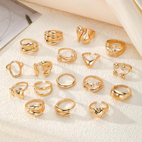 IFKM Gold Chunky Rings Set for Women 14k Gold Plated Thick Dome Stackable Open Rings Trendy Dainty Minimalist Jewelry Gifts - color: Gold, style: 17pcs Fashion