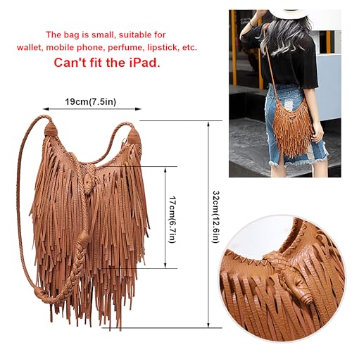 Tassel Shoulder Bag Vintage & Stylish Women PU Leather Bohemian Fringed Crossbody Shoulder Hobo Fringe bag - color: Brown-7.5x6.7in