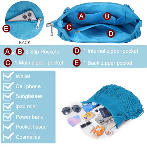 Sunwel Fashion Women Fringe Hobo Bag Western Purse Shoulder Bag Vegan Suede Tassel Hippie Crossbody Bag - color: Turquoise Blue