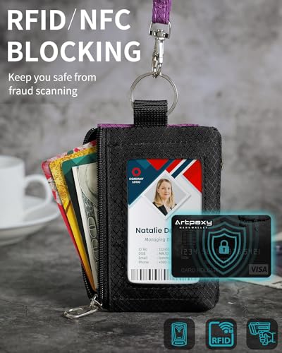 Artpaxy Minimalist Wallet For Mens Womens, Keychain RFID Blocking Zipper Small Wallet with ID Window 2 Lanyards,Water Resistant Travel Cash Card Coin Case Boys Girls - color: Purple Black, style: Casual