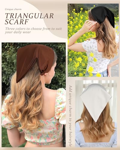 HAIMEIKANG Floral Hair Scarf Headbands for Women Boho Bandanas for Women Triangle Kerchief Solid Color Hair Bands Vintage Head Scarf (Black+Coffee+Beige) - color: Black+Coffee+Beige