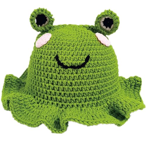KORADI Womens Crochet Bucket Hat Ruffled Brim Knitted Hats Winter Boho Handmade Caps - color: Green-frog