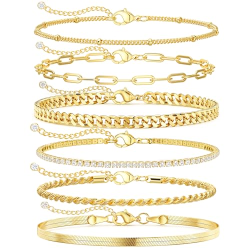 DEARMAY 14K Gold Plated Ankle Bracelets for Women Waterproof - Dainty 6Pcs Anklets Layered Cuban Link Chain Herringbone Cute Anklets Set Pack Summer Beach Jewelry Gift for Women Teen - color: Gold Anklet A