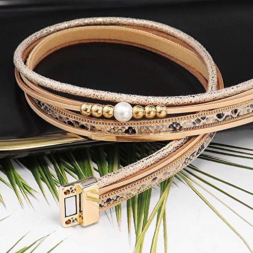 Wowanoo 3Pack Leather Cuff Bracelet Set Multilayer Wrap Bracelet Crystal Feather Tree Bracelet Magnetic Clasp Bracelet for Women - color: LeopardSnake