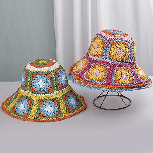 Women Straw Sun Hat Floral Woven Crochet Bucket Hat Y2k Aesthetic Accessories Beach Hat Hand Woven Boho Foldable Cap - color: Blue