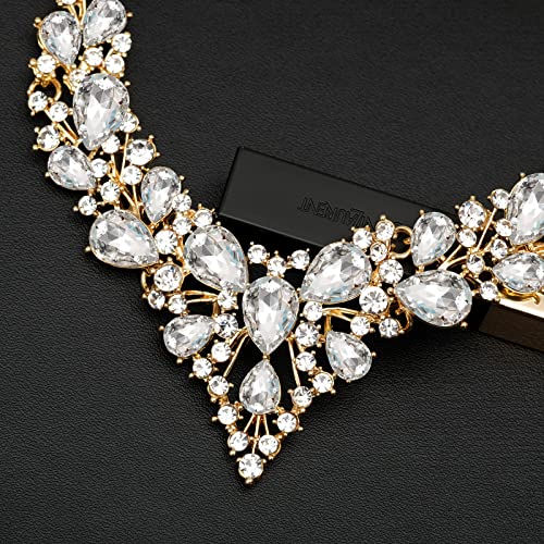 CSY 4 Pcs/Set Austrian Crystal Necklace Earrings Bracelet Ring Bridal Jewelry Sets for Brides Wedding Party Costume Accessories Gifts for Women - color: 02-gold plated-white
