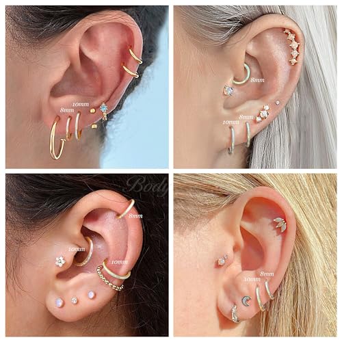 BodyBonita Hinged Opal Nose Rings Hoops - 16G/18G/20G 316L Surgical Steel Hinged Hoop Nose Rings Septum Rings Conch Helix Daith Piercing Jewelry Purple/Pink/Blue/White 10mm/8mm Silver/Gold Plated