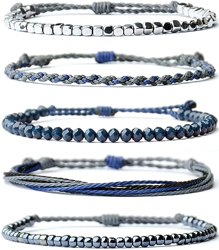 Mezcla Vida Handmade Waterproof Rope Bracelets Pack String & Beaded Bracelet Stack - Set of 5 Stackable Bracelets For Women, Summer Accessories & Bohemian Bracelets for Teen Girls - color: Dark Blue