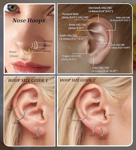 3pcs Nose Rings Hoops - 316L Surgical Steel Nose Hoops 16G/18G/20G CZ Opal Turquoise Clicker Septum Nose Ring Lip Helix Cartilage Hoop Earring Daith Rook Conch Body Piercing Jewelry for Women Men 6mm 8mm 10mm - color: Gold, size: 16 gauge(1.2mm)-8mm