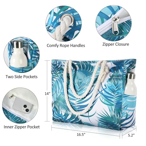 Clothirily Beach Bag for Women - Large Beach Tote Bag, Waterproof Sandproof Beach Bag with Zipper, Large Swim Pool Beach Tote - color: Green Leaves