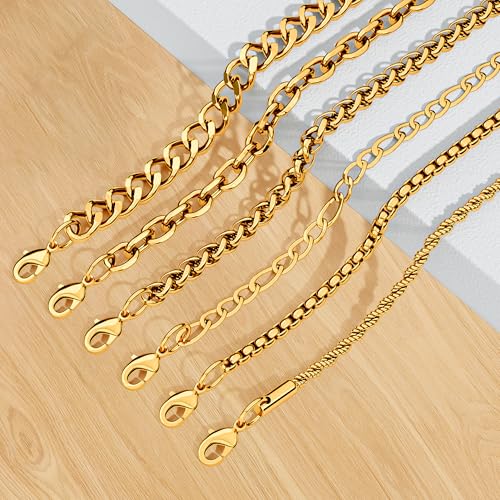 6PCS Stainless Steel Bracelets for Men Women, Silver Gold Black Cuban Link Rope Box Wheat Chain Paperclip Figaro Jewelry Set, 7/8/9 Inches - color: Gold, size: 8 inches