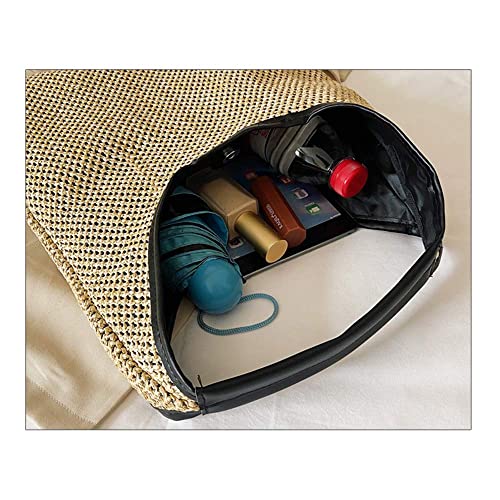 Hand-woven Straw Shoulder Bag Boho Black Leather Top Handle Tote Retro Summer Beach Bag Holiday Travel Handbag - color: Khaki