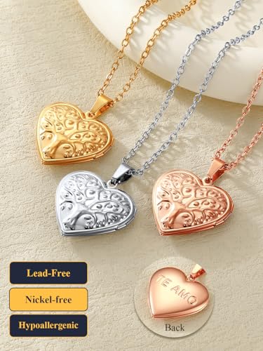 U7 Women Locket Necklace Platinum 14K Gold Photo Lockets that Hold Picture,Chain 20 Inch Personalized Gift Custom Love Heart Image Necklaces - color: 04# Rose Gold(Tree of Life)