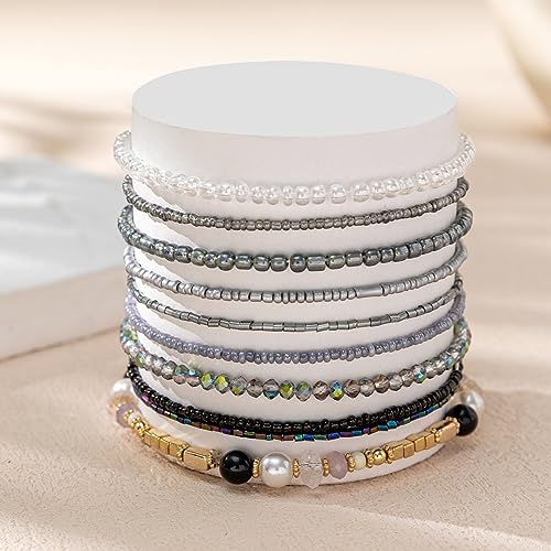 Caiyao Bohemian Multilayer Stackable Seed Beaded Bracelets Colorful Crystal Glass Beads Strand Bangle Bracelet BFF Wristbands Bracelet for Women Summer Beach Hawaii Jewelry Birthday Gifts - color: Gray