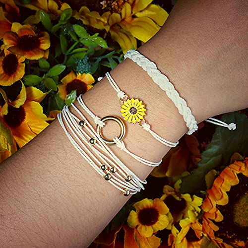 FANCY SHINY Easter Gifts Basket Stuffers Sunflower String Bracelet Boho Braided Rope Wrap Bracelets Cute Summer Beach Surfer Jewelry for Women - color: White