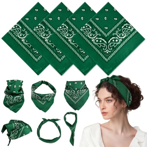 PLULON Bandanas for Men Women 4/12/24/30 Pack, Paisley Pattern Bandana Bulk Headbands Handkerchief Face Mask 100% Polyester - color: Green