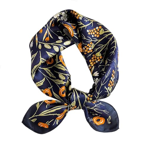 ANDANTINO 100% Mulberry Silk Scarf -21” Square Neckerchief with Gift Packed - color: Flowers-navy
