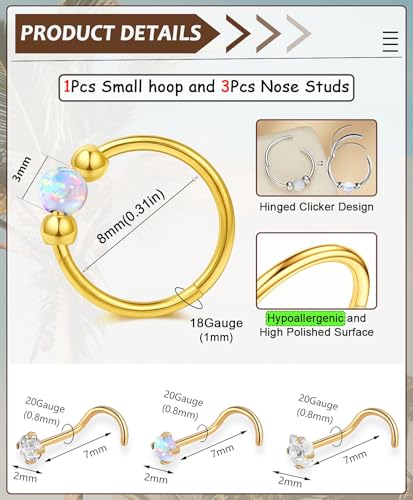 Opal Nose Ring Studs Horseshoe Nose Rings Hoops Stud 316L Stainless Steel Nose Rings Round CZ Square Screw L Shaped Nose Stud Hypoallergenic Nostril Piercing Jewelry for Women Men - color: Gold/White gem/18g 8mm hoop/Screw Studs