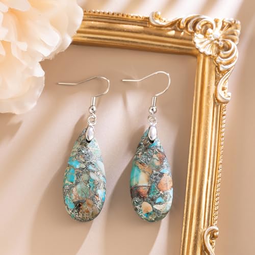 Stone Drop Earrings for Women Earrings Teardrop Jasper Stone Dangle Earrings - color: Light Blue&Brown-Silvery Hook