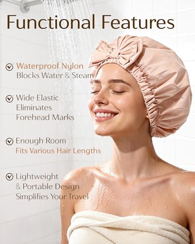 Yanibest Shower Cap Reusable Waterproof, Wide Elastic Band Bath Cap - Comfortable & Durable Bath Hair Hat for Women - color: Peachy Pink