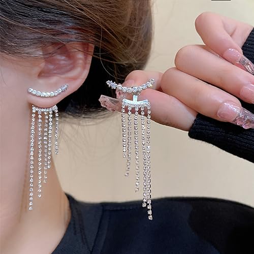 Silver Rhinestone Tassel Earrings for Women Fringe Dangle Drop Lightweight Earrings Jewelry Gifts