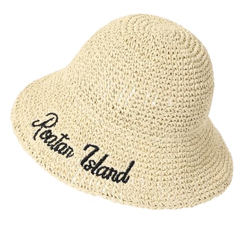 Womens Sun Hat Handmade Crochet Straw Bucket for Summer Foldable Travel Cap - color: Beige 2