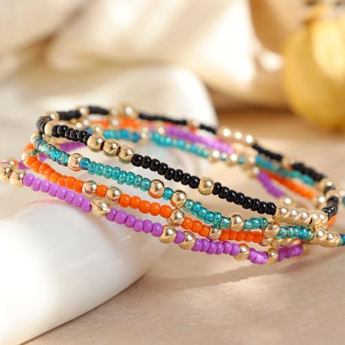 Gold Beaded Stackable Friendship Bracelets Set for Women, Handmade Boho Stretch Summer Jewelry Gift. - color: gold orange purple black blue