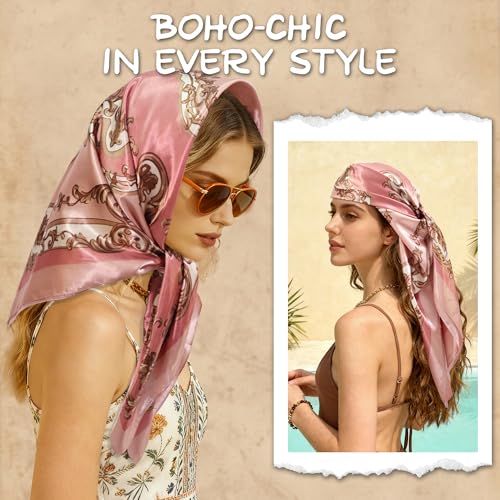 Large Square Head Scarf Bandana - 35" Satin Hair Scarf for Women Like Silk Scarf Fashion Hair Wrapping - color: Baroque Scroll(pink), size: 35IN*35IN