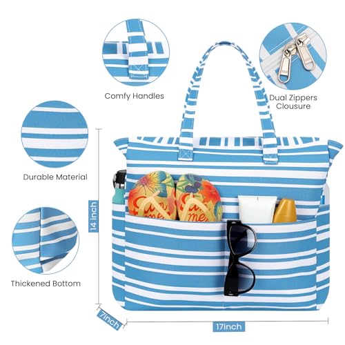 Trifabricy Beach Bags for Women Waterproof Sandproof Women Tote Bag, Large Beach Bag with Zipper for Gym Travel Vocation - color: Haze Blue