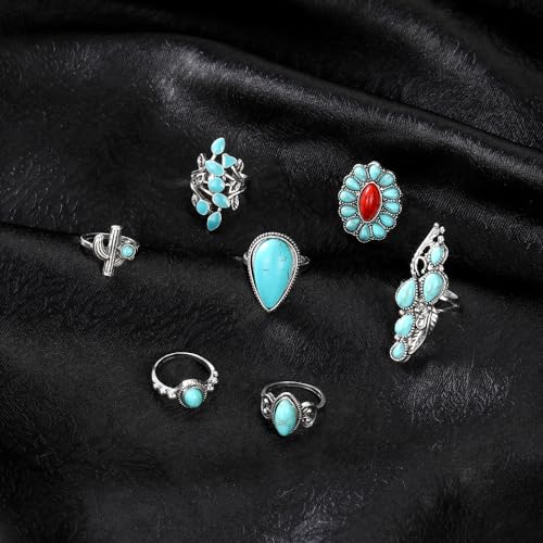 Bohemian Turquoise Ring for Women Stackable Vintage Chunky Boho Turquoise Ring Set Dainty Open Gemstone Knuckle Midi Finger Rings Western Statement Rings Jewelry - style: red seven