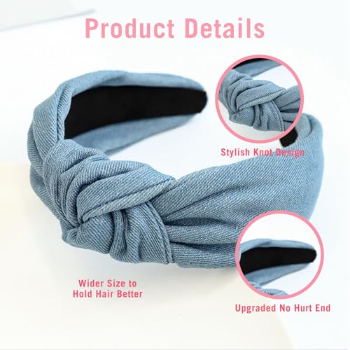 2 Pcs 6CM Wide Knotted Hair Hoops Vintage Denim Knot Headbands Non-Slip Elastic Top Thick Hairbands Dark Blue Light Blue